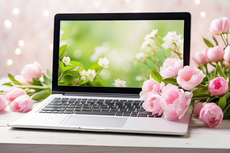 Laptop with delicate spring flowers wallpaper on table in a blooming spring apple orchard. Seasonal remote work, internet, shopping, spring time. AI generatedの素材