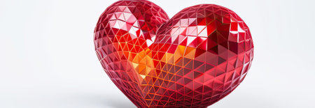Polygonal metal heart with diamond facets on a white background. Romantic background for Valentine's Day, banner. AI generatedの素材