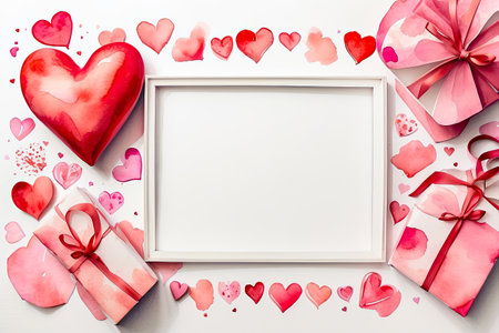 Watercolor frame with Valentine's day gift and hearts on a white background. Love greeting card, date invitation, wedding. Romantic background frame with copy space. AI generatedの素材