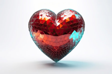 Polygonal metal heart with diamond facets on a white background. Romantic background for Valentine's Day, banner. AI generatedの素材