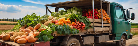 Old truck with an autumn harvest of vegetables and herbs on a plantation - a harvest festival, a roadside market selling natural eco-friendly farm products. AI generatedの素材