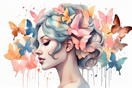 The watercolor silhouette of woman with multicolored butterflies in her hair is spring and summer portrait. Freedom, femininity, wedding, makeup, stylist, Barber, bride. AI generatedの素材