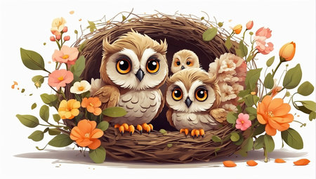 Cute owl family with chicks in a spring blooming nest of twigs and flowers on a white background. Spring card, spring time. AI generatedの素材