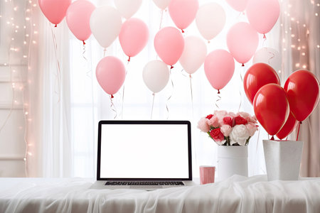 Laptop a white screen mock up on a table with a Valentine's day decor with heart-shaped balloons, petals and a bouquet of flowers. Online greetings, festive remote work, shopping. AI generatedの素材