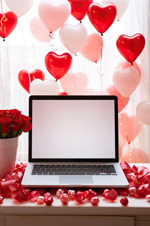 Laptop a white screen mock up on a table with a Valentine's day decor with heart-shaped balloons, petals and a bouquet of flowers. Online greetings, festive remote work, shopping. AI generatedの素材