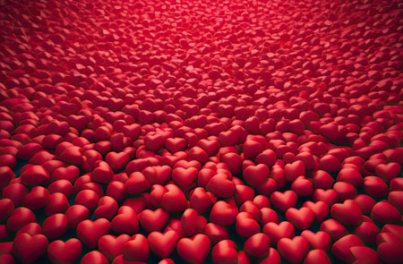 Lot of plastic red hearts - Romantic pattern background for Valentine's Day, love, feelings. Wrapping paper, banner. AI generatedの素材