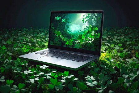 Laptop with a green clover on the monitor in a magical decor for St. Patrick's Day. Seasonal remote work, internet, a holiday card, shopping, Luck, green house. AI generatedの素材