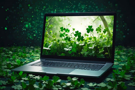 Laptop with a green clover on the monitor in a magical decor for St. Patrick's Day. Seasonal remote work, internet, a holiday card, shopping, Luck, green house. AI generatedの素材