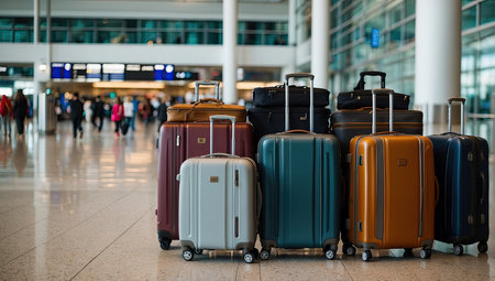 A bunch of suitcases at the airport - cargo control, baggage allowance and hand luggage parameters on the plane, security, check-in and delivery of personal belongings. AI generatedの素材