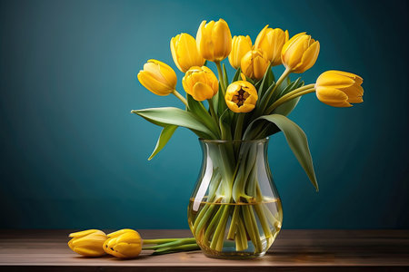 A bouquet of yellow tulips in a vase on the table on a blue background. A festive birthday card, March 8th, a spring gift. AI generatedの素材