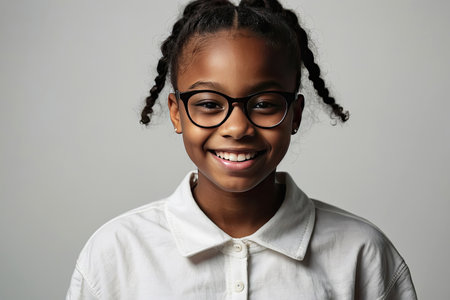 happy darkskinned schoolgirl teenager wearing eyeglasses on a gray solid background with copy space. AI generatedの素材