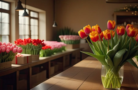 Colorful bouquets of tulips in a flower shop - fresh cut flowers in boxes and vases in a warehouse and racks for sale, delivery for the holiday. Spring, March 8, women's Day, birthday. AI generatedの素材
