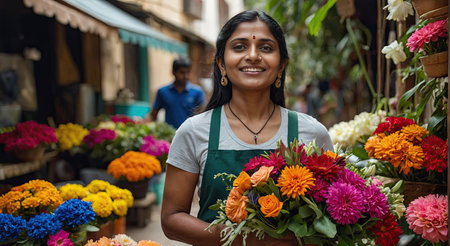 Indian woman florist collects bouquet of spring flower- fresh cut flowers in vases in warehouse and racks for sale, delivery for holiday. Spring, March 8, women's Day, birthday. AI generatedの素材