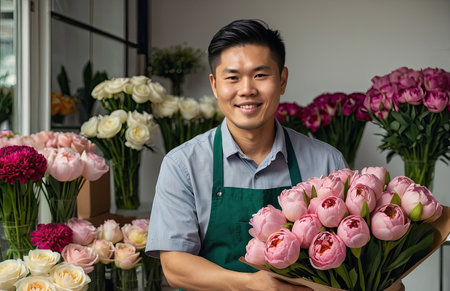 Asian man florist collects a bouquet of pions- fresh cut flowers in boxes and vases in flower shop and racks for sale, delivery for the holiday. Spring, March 8, women's Day, birthday. AI generatedの素材