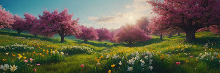 Blooming spring background - apple trees in the garden in flowers, the first spring flowers, nature blooms. AI generatedの素材