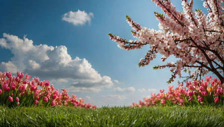 Blooming spring background - apple trees in the garden in flowers, the first spring flowers, nature blooms. AI generatedの素材