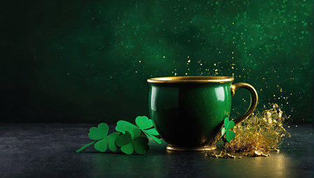 St. Patrick's Day holiday invitation with a place for text in a frame, a postcard with a green four-leaf clover. Banner, St. Patrick's background. AI generatedの素材