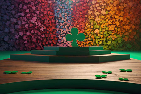 Empty podium for product demonstration and installation Background of green clover for St. Patrick's Day. Patrick Day Banner. AI generatedの素材