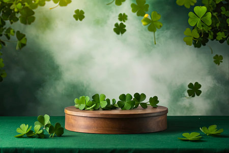 Empty podium for product demonstration and installation Background of green clover for St. Patrick's Day. Patrick Day Banner. AI generatedの素材