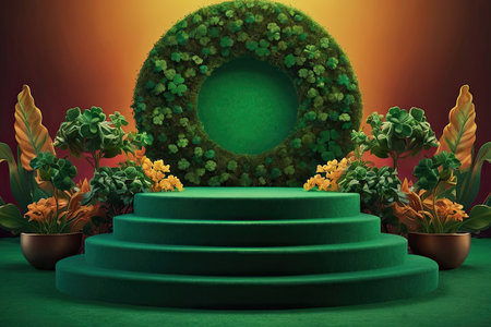 Empty podium for product demonstration and installation Background of green clover for St. Patrick's Day. Patrick Day Banner. AI generatedの素材