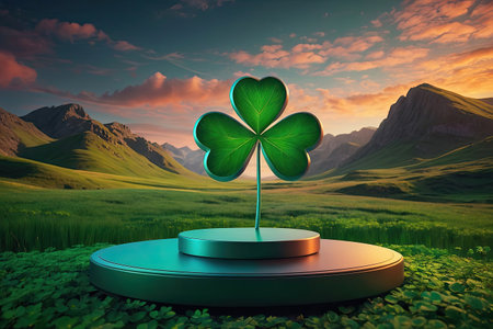 Empty podium for product demonstration and installation Background of green clover for St. Patrick's Day. Patrick Day Banner. AI generatedの素材