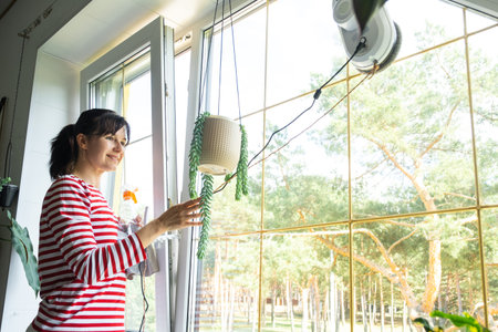 A woman launches a window cleaner robot of the house inside the interior with home plants. Household...