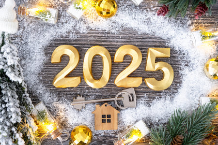 New Year 2025 golden numbers and House key with tiny form of home on festive gray wooden background...