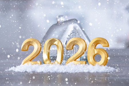 Golden figures number 2026 New Year against the background of tiny house with warm light and...