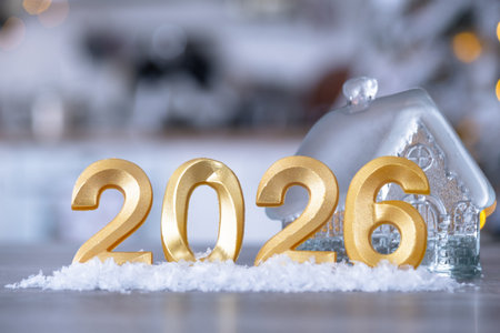 Golden number 2026 and tiny glass house decoration on a snowy background with festive lights