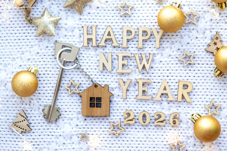 House key with keychain cottage on festive background with stars, lights of garlands. New Year 2026 wooden letters.の写真素材