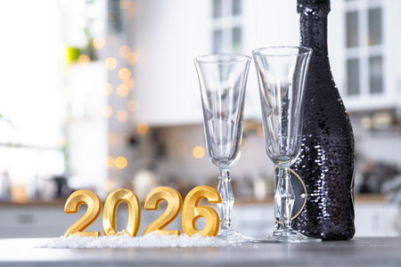 Golden number 2026 with bottle of sparkling wine and glasses on table of cozy white kitchen with Christmas tree and garland lightsの写真素材
