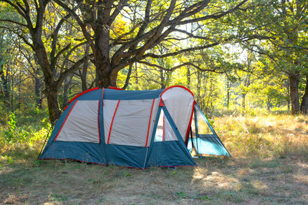 Installed tourist tent in a camping in nature in the forest. Domestic tourism, active summer holidays, family adventures. Ecotourism, sport, hike. Copy space, mock upの写真素材