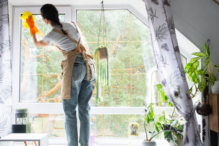 Woman in rubber gloves and apron manually washes attic window of house with rag cleaner and mop...