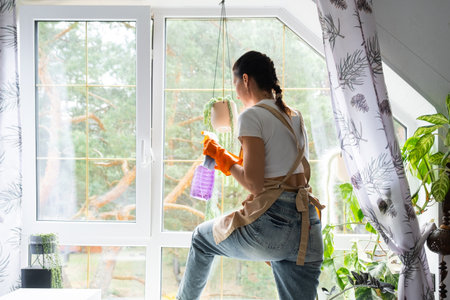 Woman in rubber gloves and apron manually washes attic window of house with rag cleaner and mop inside interior with home plants. Restoring order and cleanliness in spring, cleaning serviceの写真素材