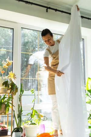 Woman in apron hangs transparent tulle curtains on large windows in the house inside the interior with potted plants. Spring cleaning, tidying upの写真素材