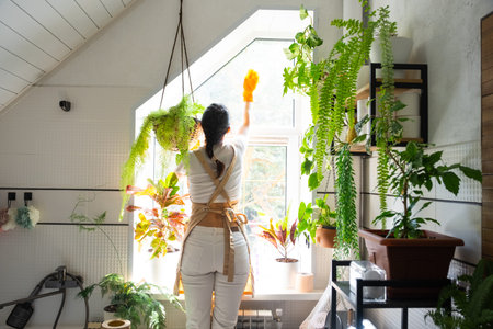 Woman in rubber gloves and apron manually washes window of house in bathroom with rag cleaner and...