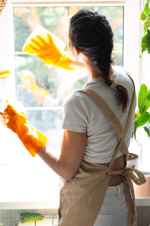 Woman in rubber gloves and apron close-up manually washes window of house with rag cleaner and mop...