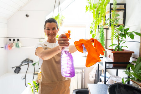 Portrait Woman in rubber gloves and apron manually cleaning in bathroom with rag cleaner and mop...