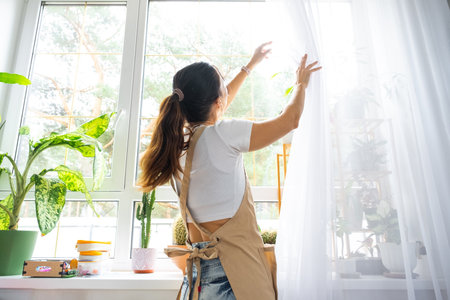 Woman in apron hangs transparent tulle curtains on large windows in the house inside the interior with potted plants. Spring cleaning, tidying upの写真素材