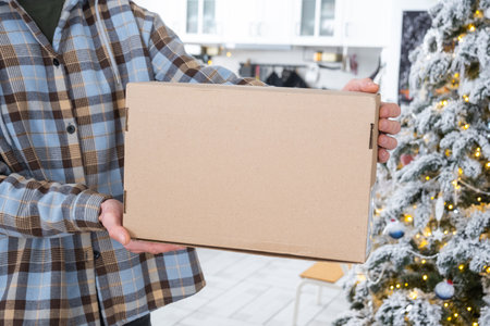 A courier with a parcel box in the kitchen with white Christmas decorations and a Christmas tree. Gift delivery for New Year and Christmas, courier serviceの写真素材