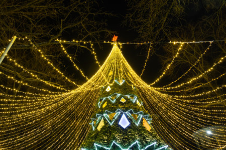High city Christmas tree with a mushroom cap made of garlands, glows at night on the street. Christmas, New Year, decoration of the city.の写真素材