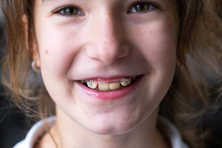 Portrait after plate correction, healthy and aligned smile, successful pediatric orthodontic care.