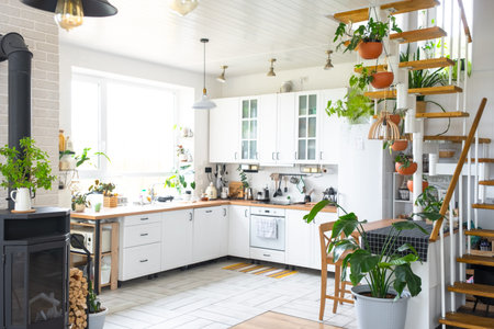 Bright kitchen interior with modular staircase, lots of potted plants, eco-friendly style, wooden shelves, daylight, cozy and fresh atmosphere.