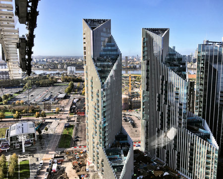 An aerial view of the River Thames in London at the Isle of Dogs