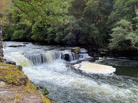 A view of a waterfall at the Falls of Clyde in Lanark in Scotlandの写真素材