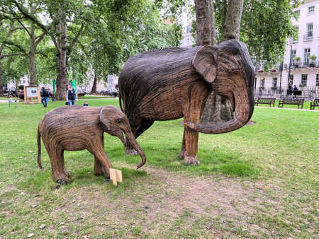 London in the UK in July 2021. A view of some Wooden Elephants in Londonのeditorial素材