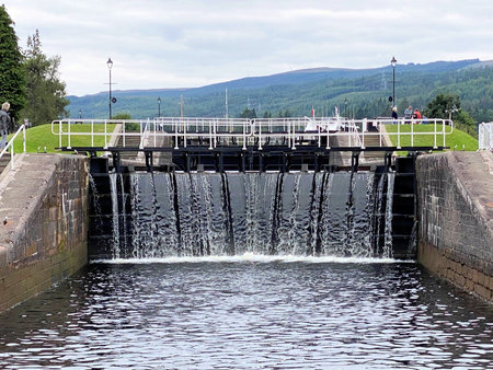 A view of water pouring over a lock in Fort Augustus in Scotland