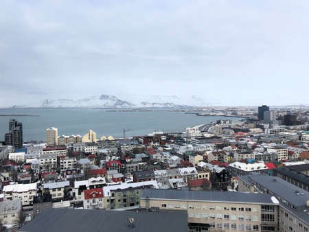 An aerial view of Reykjavik in Iceland in the winterの写真素材