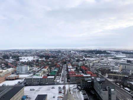 An aerial view of Reykjavik in Iceland in the winterの写真素材