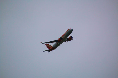 Manchester in the UK in June 2022. A view of an Aeroplane taking off from Manchester airport